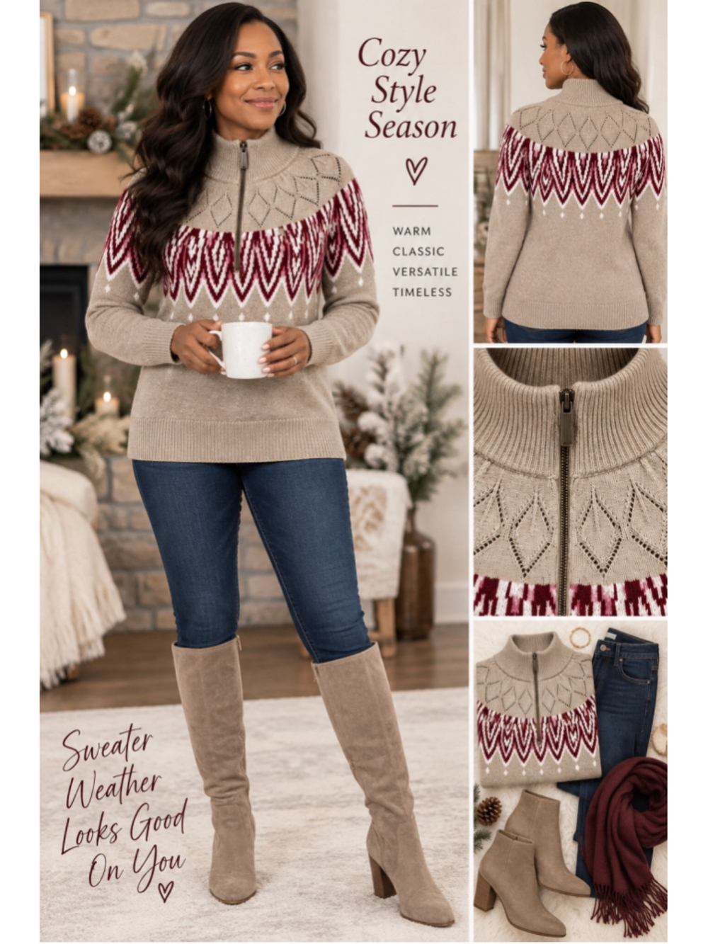 Loft Fair Isle Half Zip Sweater Beige Burgundy Nordic Ski Winter Pullover